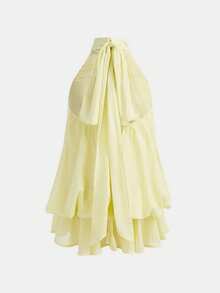 SHEIN Girlism Teen Girl Teen Girls Partywear Spring Summer New Elegant Light Yellow Chiffon Spaghetti Strap Spaghetti Strap Tie Bow Short Mini Dress, Summer Tropical Flowy Doll Dress, Summer Dress, Graduation Party - Yellow - View 3