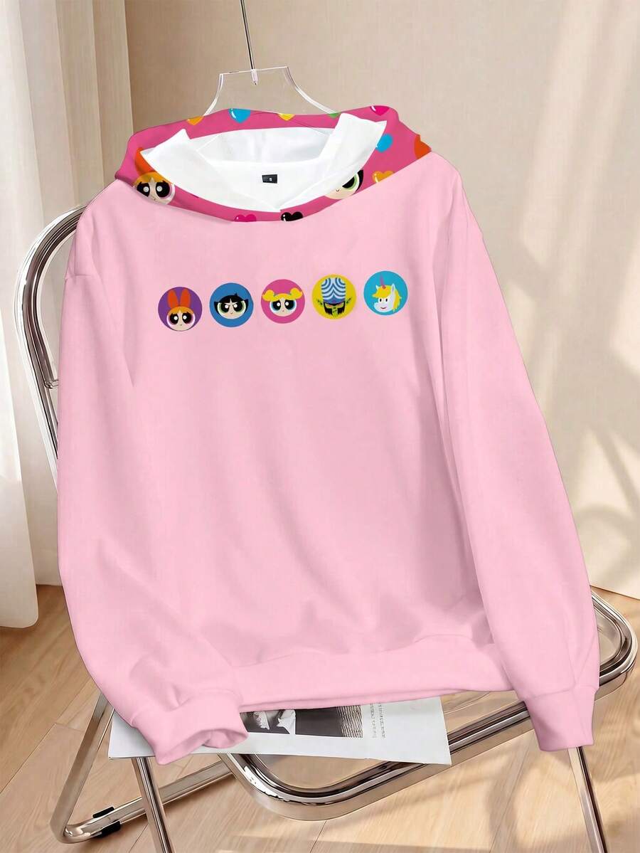THE POWERPUFF GIRLS X SHEIN 女款卡通印花長袖休閒抽繩連帽衛衣 - 白色 - 查看 1