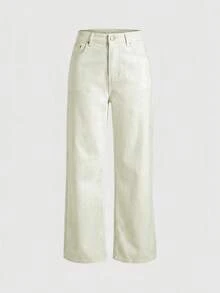 lacRébo Cream White Mid-Rise Relaxed Staight Leg Jeans With Five-Pocket Construction Cotton Brunch Summer Casual - Light Yellow - View 7