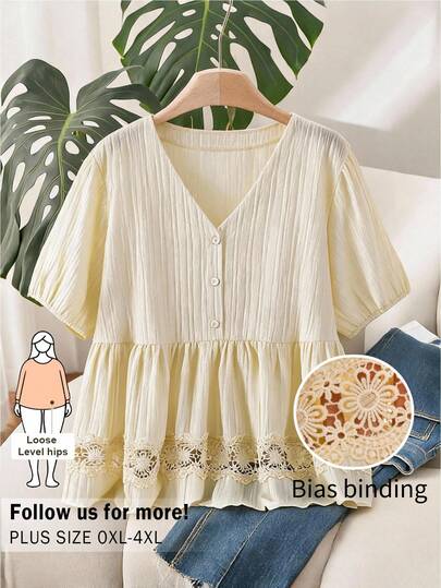 CosyJoli Plus Size Women Solid Color V-Neck Pleated Casual Elegant Versatile Daily Outing Brunch Formal Shirt Vacation Blouse Homewear Cream Summer