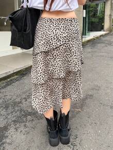 K-Vae Women's Vintage Old Money 70s Y2k Casual Leopard Print Cake Hem Asymmetrical Mid-Length Chiffon A-Line Skirt Going Out Light Brown Summer - Multicolor - View 2