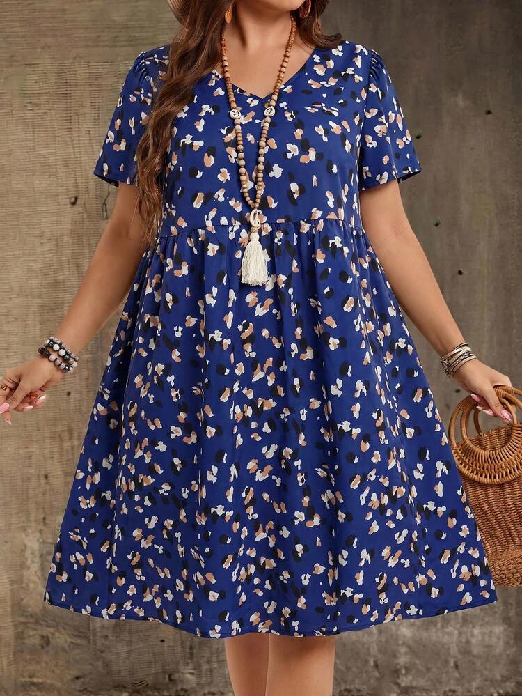 EMERY ROSE Plus Size V-Neck Short Sleeve Casual Dress,Country Casual Vacation Outfits Woman,Simple And Fashionable For Everyday Wear,Summer Tops Women,Summer Outfits For Women - Navy Blue - View 4
