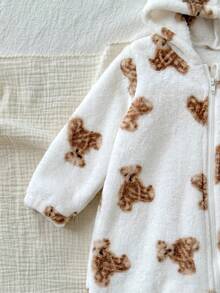 SHEIN 2pcs Newborn Baby Boy Baby Girl Autumn/Winter Cute Casual Cartoon Bear Pattern Fuzzy Hooded Footed Romper Set, Unisex Baby Clothes, Baby Winter Clothes - Multicolor - View 8