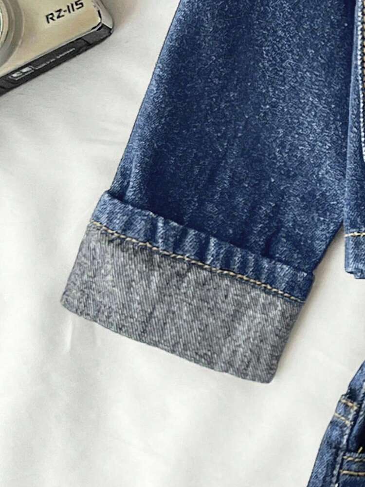 SHEIN Girls' Dark Blue Denim Short Jacket & Skirt 2pcs Set - Medium Wash - View 8