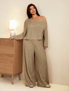 Edennvi Plus Size Women Grey Water Ripple Texture Cold Shoulder 2 Pieces Set, Short Long Sleeve Top + High Waist Drape Wide Leg Pants, Slouchy Slimming Casual - Mocha Brown - View 7