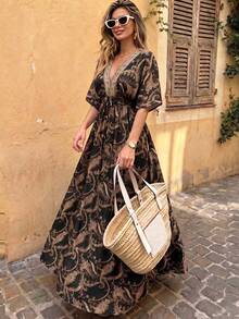 Flora Isola Flora Isola 女款V領落肩長洋裝，圖案對比飾邊收腰設計，夏季日常穿著，度假海灘野餐黑色波希米亞風 - 黑色 - 查看 1
