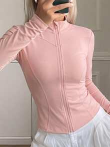 SHEIN Girls' Elastic Fabric Fitted Jacket, Fall Clothes, Fall, 3D Tailored Design, Solid Color, Suitable For Outdoor Sports Occasions - Pink - View 2