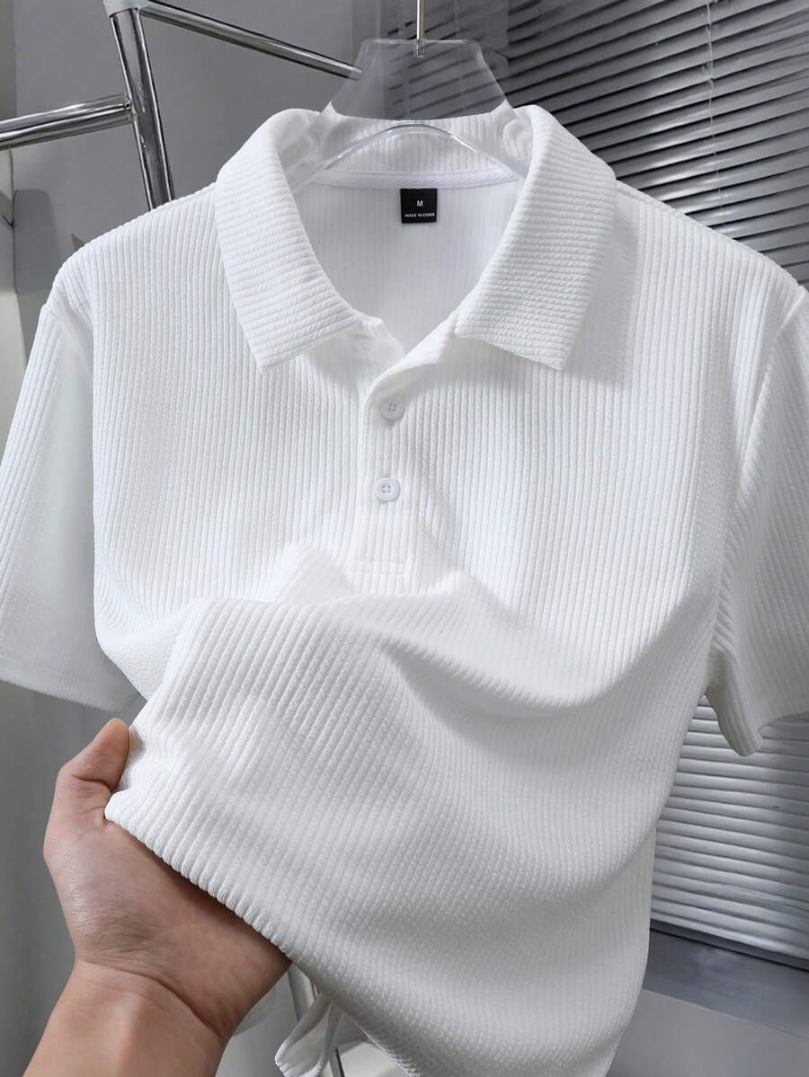 Manfinity Homme 男士純色短袖休閒/商務 Polo 衫 白色領子襯衫 男士鈕扣 Polo 衫 針織 Polo 衫 男士短袖 Polo 正式款 - 白色 - 查看 1