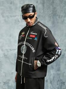 INCRYTM Manfinity Streetrush Men's Fashionable Printed Long Sleeve Jacket Outerwear Sports Zip Up Graphic Racing Sportswear 2000s Style,Fall - Black - View 5