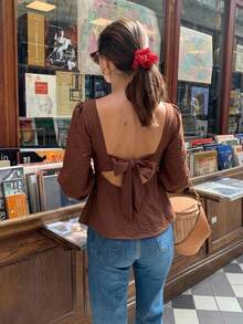Serisse Women's Elegant Coffee Brown Linen Boat Neck Backless Bow Decor Ruffle Hem Long Sleeves Blouse,Vacation Date Night Fashionable Top,Four Seasons Fall - Brown - View 9