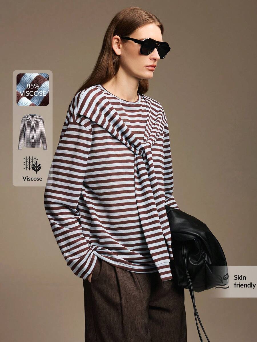 Ontre Women's Blue & Brown Striped Comfortable Fabric Loose Fit Drop Shoulder Long Sleeve Front 2 In 1 Tie Decor Design Modern Urban Fashion Business Casual Office Wear Low-Key Old Money Style Elegant Commute Airport Autumn Essential Premium Comfortable Old Money Women's T-Shirt - Multicolor - View 1