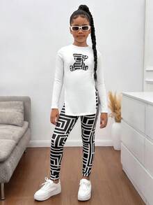 SHEIN Tween女孩秋季休閒開衩下擺修身上衣與熊圖案內搭褲套裝，黑白針織長袖打底層，運動風 - 白色 - 查看 3