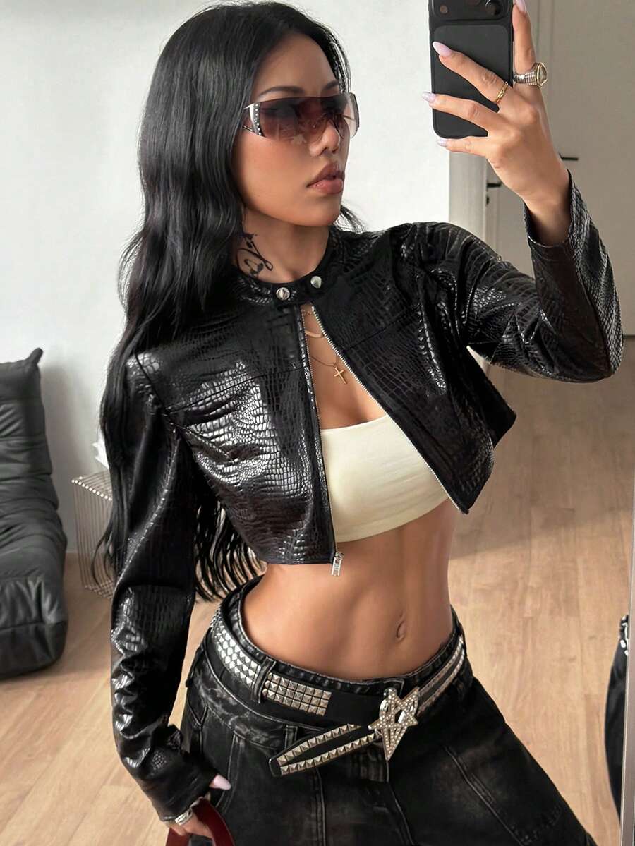 Coolane 黑色 PU 女款長袖前拉鍊短版夾克,萬聖節之夜派對、秋季街頭風、Rave 90年代風格 - 黑色 - 查看 1