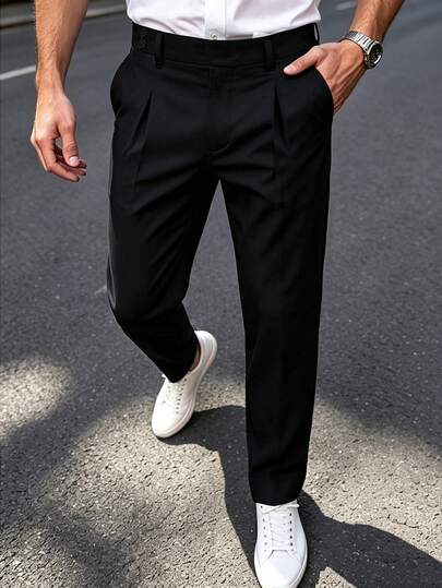 Manfinity Mode Pantalones de negocios negros plisados para hombres, estilo formal, old money