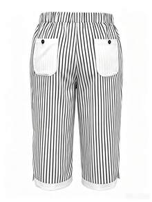 Linhara CURVE 大尺碼女款黑白拼接開衩七分褲，鈕扣裝飾附口袋，適合夏季度假、正式與休閒場合，傳統風格 - 白色 - 查看 2