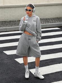 Muchica Women's Fashion Casual Athleisure Sporty Streetwear Hoodie Drawstring Waist Shorts 2 Pieces Set Back-To-School Light Grey Summer Work Gym - Grey - View 5
