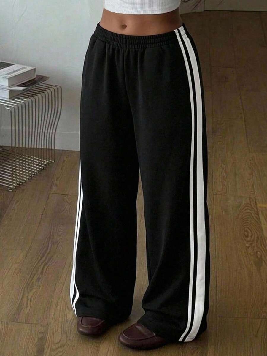 SHEIN 青少年女孩休闲运动学院黑色侧条纹纯色长裤时尚,春秋冬,时尚,基本款,日常,百搭,返校 - 黑色 - 查看 1