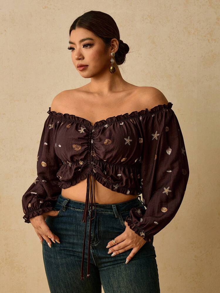 Travachic Plus Size Women's Cold Shoulder Pleated Starfish Shell Print Casual Boho Tropical Everyday Beach Vacation Date Night Formal Blouse Autumn Oil Spill - Brown - View 3