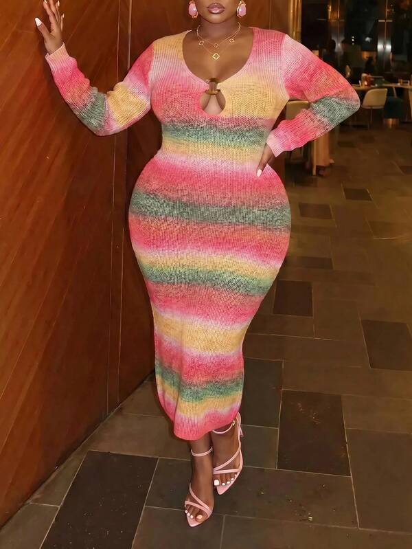 Slaydiva Autumn/Winter New Arrival Women's Plus Size Knit Long Dress, Multi-Color Gradient, Slim Fit Long Sleeve, Hollow Chest With Buttons, Suitable For Daily Wear, Elegant Date, Party, Back To School, Holiday, Wedding, Shopping With Friends, Dinner And More - A
