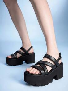 Sugerpunk Sandal wedges kasual dan bergaya untuk wanita dengan ujung terbuka, skema warna gelap bergaya punk gothic, dan gesper pergelangan kaki elastis dari logam. - Malam Bersinar Hitam - View 6