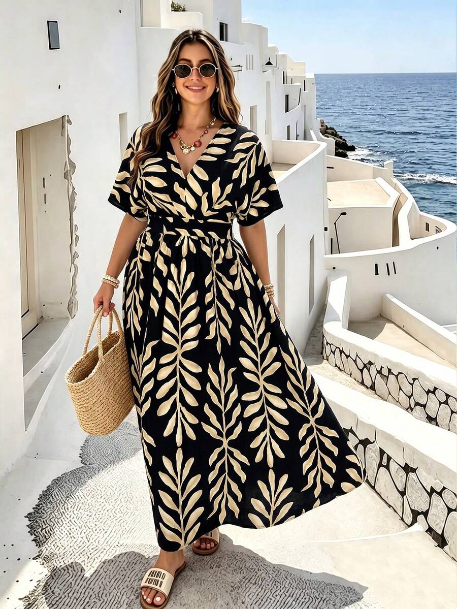Ceyna Plus Size Tropical Vacation Style Leaf Print V-Neck Cinched Waist Dress Summer - Black - View 1