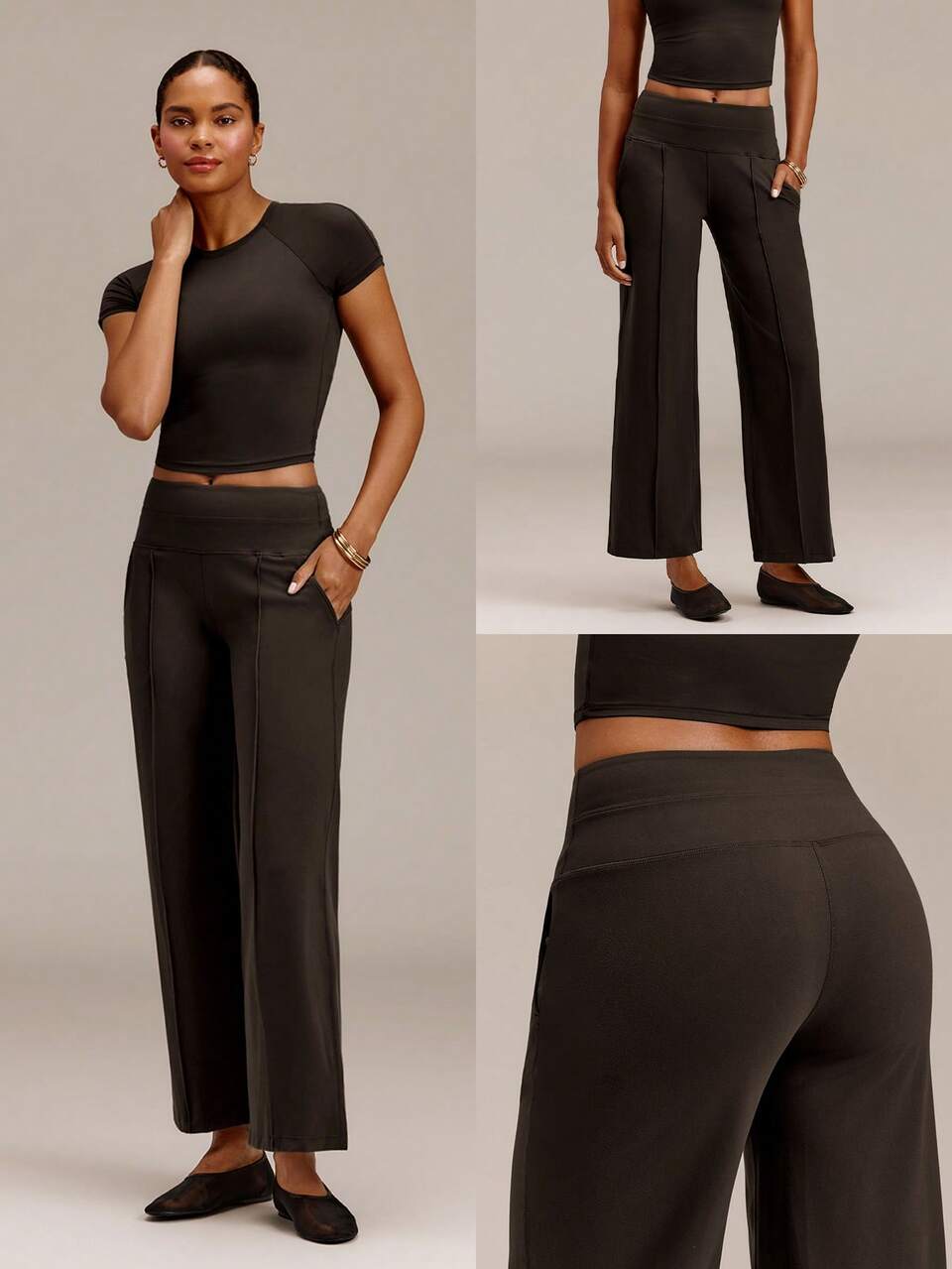 FeatherFit™ Work It Wide Leg Work Pants With Front Seam Detail & Side Pockets Yoga Pilates Studio Daily Casual