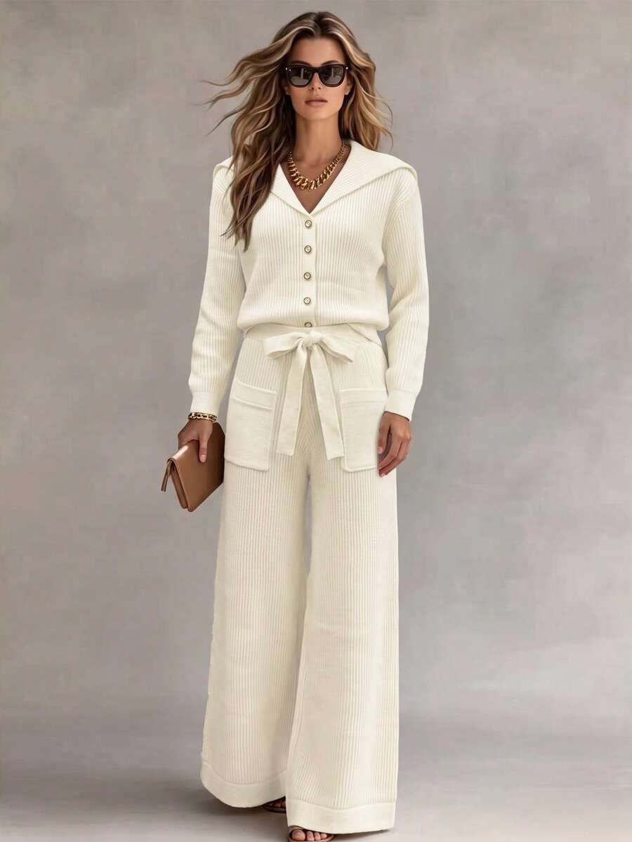 Franclia Women's Off-White Autumn Elegant Lounge Back-To-School Knitted Solid Color Sweater Two-Piece Set,Lapel Button-Down Cardigan & Wide-Leg Ribbed Pants - Beige - View 1