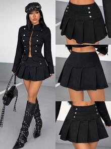 Rivivi Rok Mini Denim Lipit Kancing Ganda untuk Wanita - Hitam - View 1