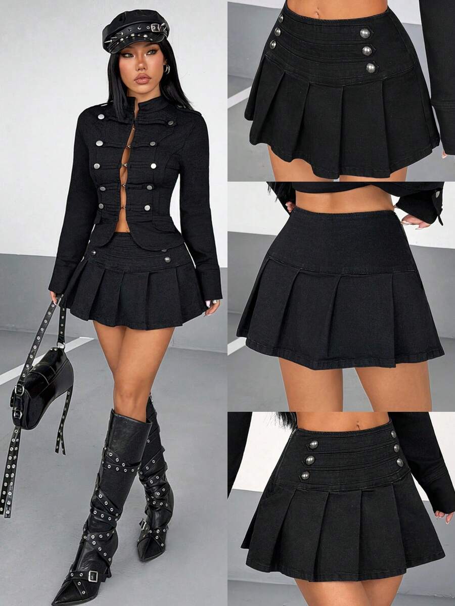 Rivivi Rok Mini Denim Lipit Kancing Ganda untuk Wanita - Hitam - View 1