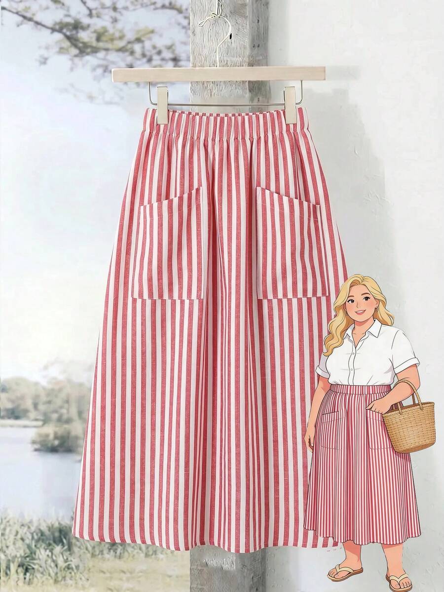 Rusticease Plus Size Striped Print Pocket Casual Versatile Skirt, Summer Vacation Spring Country Fall - Red - View 1