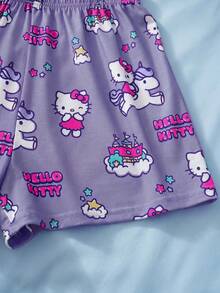 HELLO KITTY AND FRIENDS | SHEIN 2件組可愛休閒風青少年女孩圓領短袖上衣與短褲舒適居家服套裝 - 紫色 - 查看 8