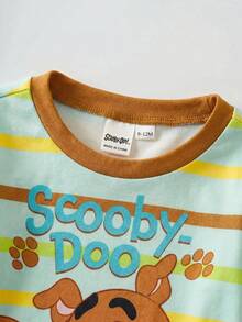 SCOOBY-DOO X SHEIN 男嬰可愛卡通小狗字母彩色條紋印花圓領正肩長袖長褲休閒高彈修身睡衣套裝 2件組 - 藍色 - 查看 3