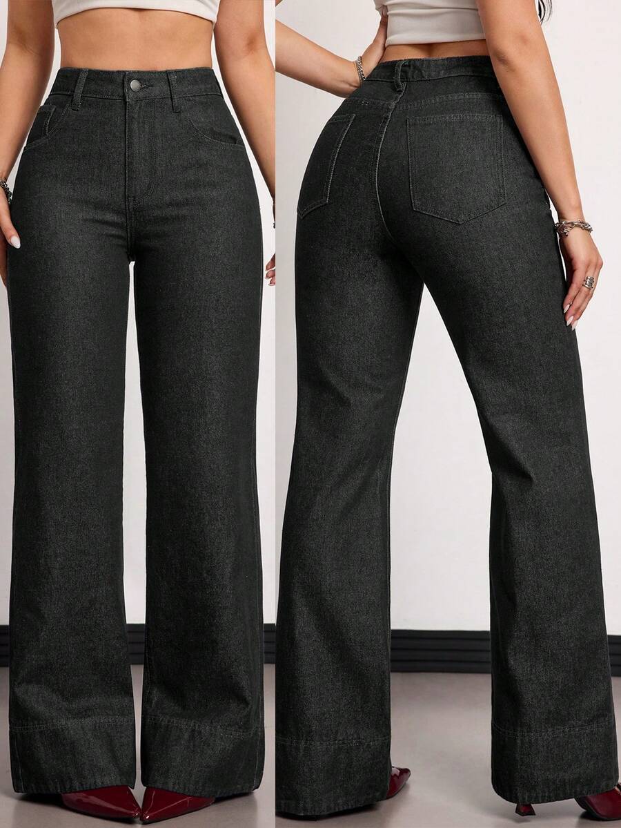 SHEIN EZwear 大尺碼女款高腰直筒寬鬆休閒百搭牛仔褲，附口袋