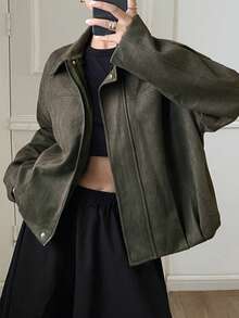 DAZY Solid Color Loose Fit Lapel Long Sleeve Zipper PU Jacket Casual Streetwear Spring Autumn Women's Jacket - Green - View 2