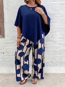 EMERY ROSE Plus Size Vacation Casual Solid Color Shirt And Striped Circle Print Pants Set - Multicolor - View 4
