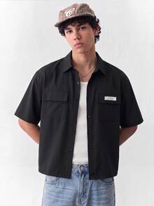 NORVETH Camisa de manga corta con cremallera y bolsillo utilitario de color liso para hombres - Negro - Ver 1
