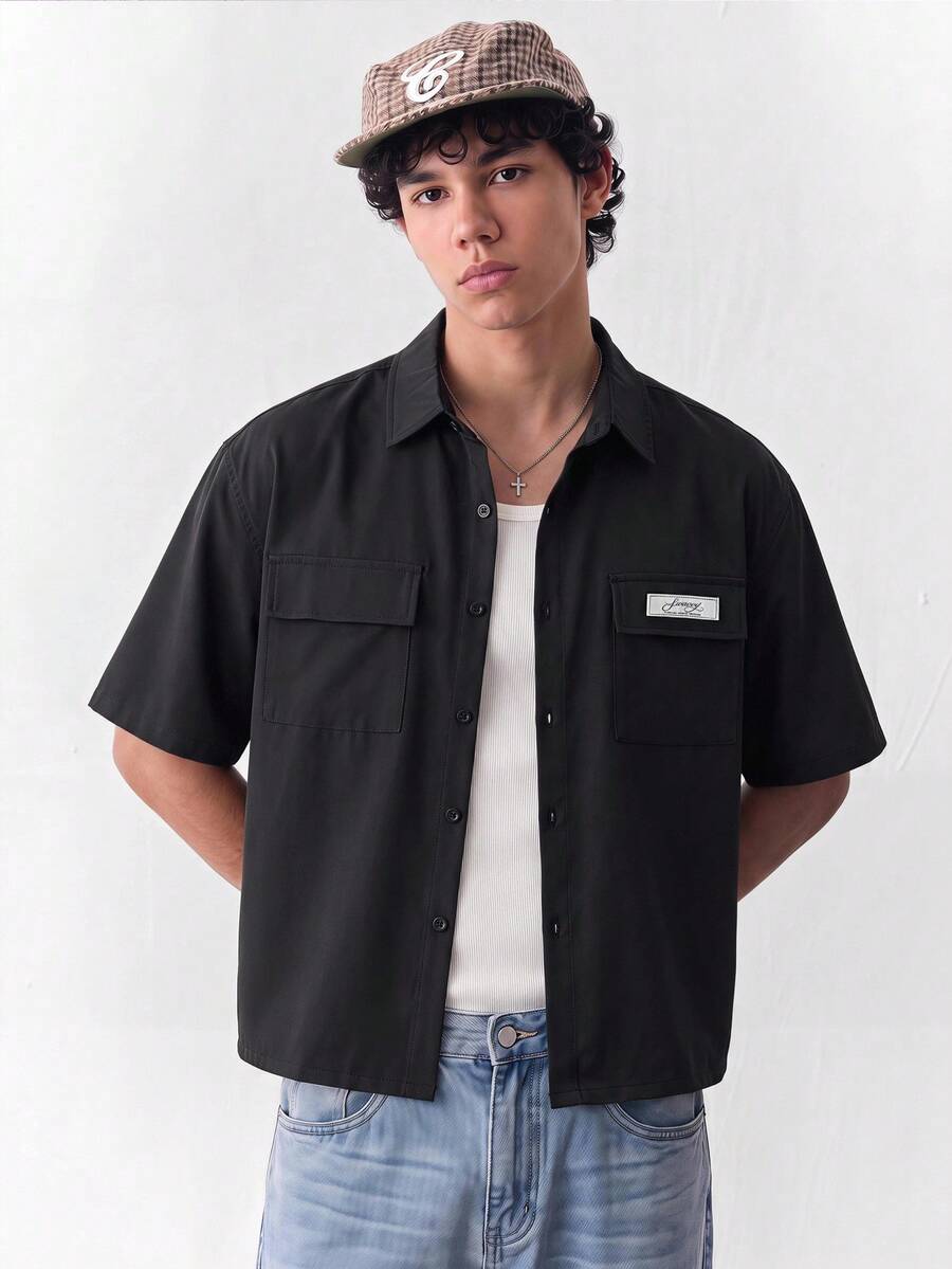 NORVETH Camisa de manga corta con cremallera y bolsillo utilitario de color liso para hombres - Negro - Ver 1