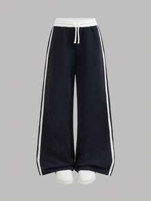 Girlism Tween Girl Tween Girls Sweatpants Spring Summer Autumn Winter New Casual Versatile Snug Fit Colorblock Webbing Elastic Waist Loose Wide Leg Sweatpants, Back To School Season - Blue and White - View 6