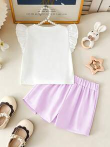 Souflis Souflis 6-9M-2-3Y 嬰兒女童 2 件套，甜美蝴蝶結裝飾飛袖圓領上衣 & 彈性腰粉色開衩短褲，適合日常穿著、聚會及其他場合 - 紫色 - 查看 2