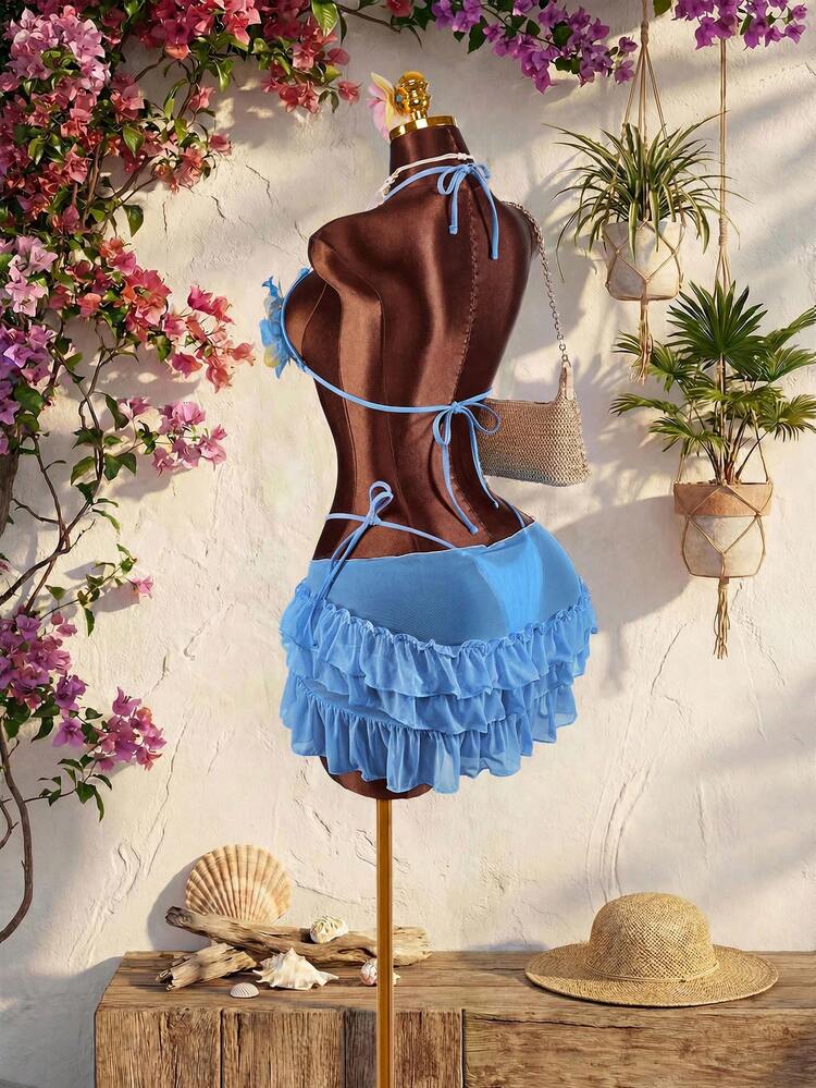 Amplova 3pcs Women's Swimsuit Set With 3D Floral Cups, Butterfly Orchid Cups, Solid Color Lining And Ruffle Hem Coverup With Front Tie - Royal Blue - View 4