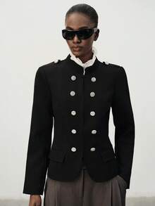 Aveloria Modichic Jaket Kantor Gaya Napoleon Warna Hitam Polos untuk Musim Panas/Gugur, Kancing Depan, Hiasan Bahu, Epaulette, Gesper Logam, Elegan, Berkelas, Kasual, Pas Badan. - Hitam - View 6