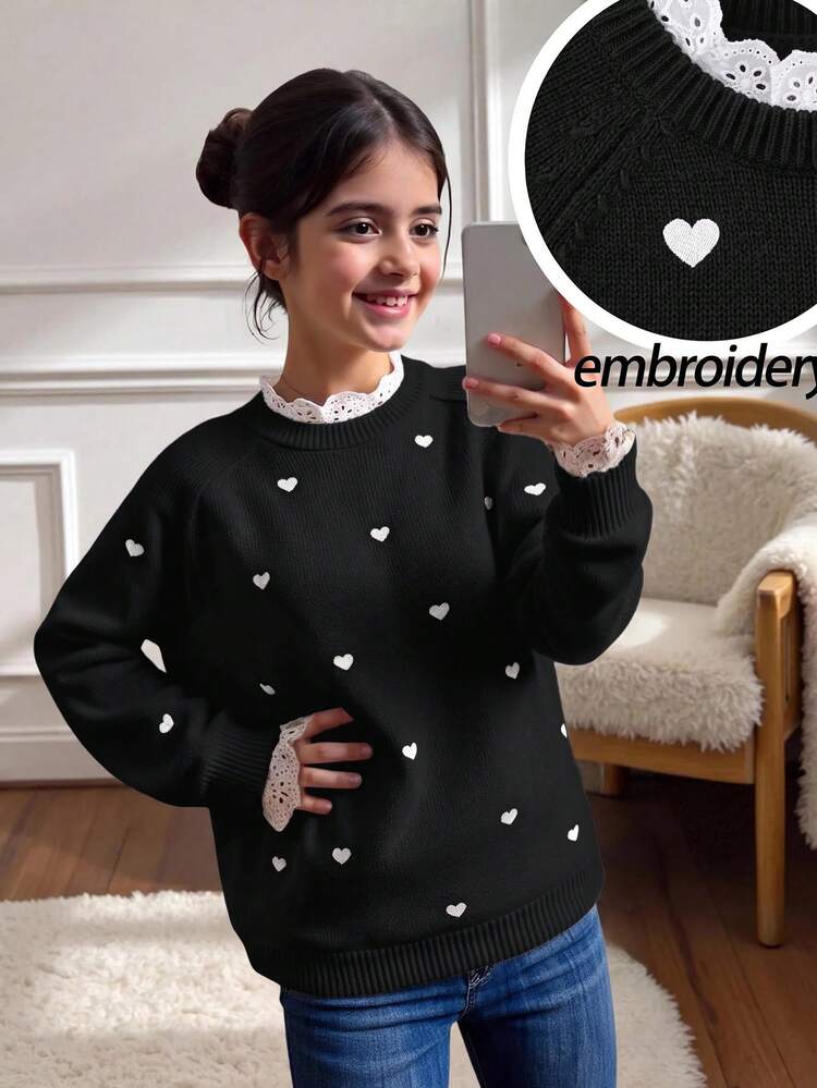 SHEIN Tween Girl Patchwork Embroidered Stand Collar Long Sleeve Heart Pattern Sweater - Black - View 4