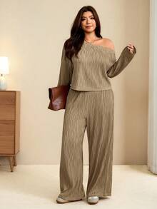 Edennvi Plus Size Women Grey Water Ripple Texture Cold Shoulder 2 Pieces Set, Short Long Sleeve Top + High Waist Drape Wide Leg Pants, Slouchy Slimming Casual - Mocha Brown - View 1