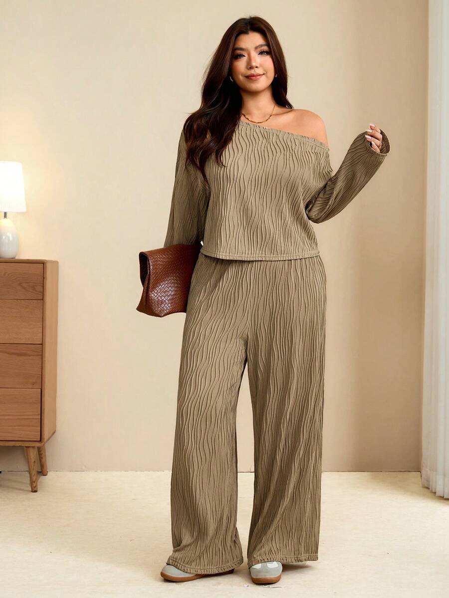 Edennvi Plus Size Women Grey Water Ripple Texture Cold Shoulder 2 Pieces Set, Short Long Sleeve Top + High Waist Drape Wide Leg Pants, Slouchy Slimming Casual - Mocha Brown - View 1