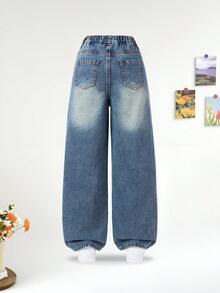 SHEIN 青少年女孩復古Y2K可愛時尚街頭風彈性腰鈕扣前襟藍色蝴蝶結裝飾愛心補丁刺繡寬腿牛仔褲夏季舞會 - 中等水洗藍 - 查看 2