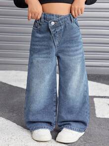 SHEIN Young Girl Young Girl Young Girl Young Girl Asymmetrical Waistband Pocket Wide Leg Loose Casual Denim Jeans Autumn Winter - Light Wash - View 7