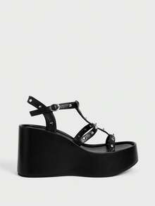 Sugerpunk Women Shose Women's Fashion Platform Wedge Sandals, Spring And Autumn Summer Punk Style Buckle Middle Help Cross Rivet Inlaid Design Open-Toed Sandals, Nightclub Commuting Easy Travel - Black - View 1