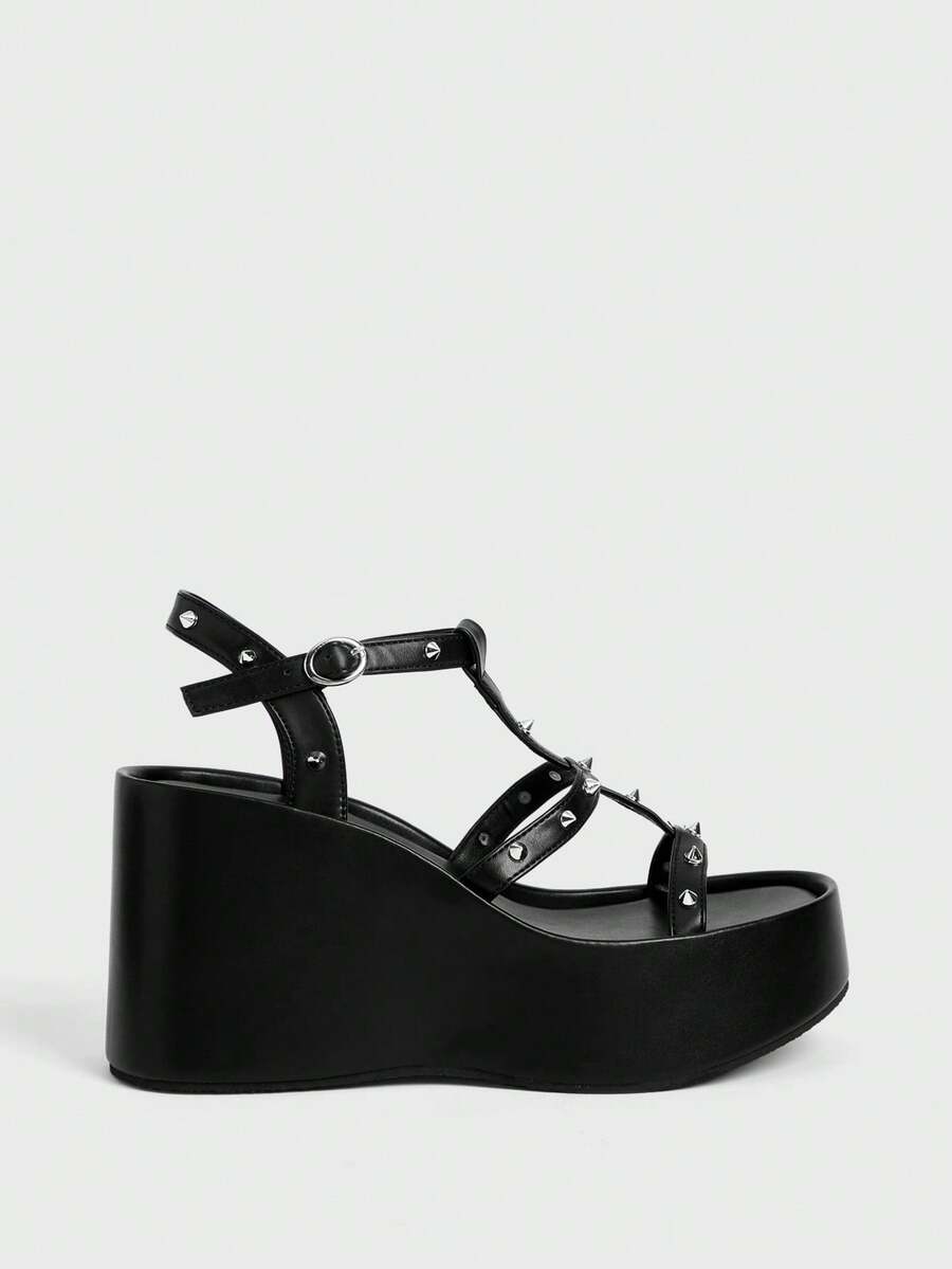 Sugerpunk Women Shose Women's Fashion Platform Wedge Sandals, Spring And Autumn Summer Punk Style Buckle Middle Help Cross Rivet Inlaid Design Open-Toed Sandals, Nightclub Commuting Easy Travel - Black - View 1