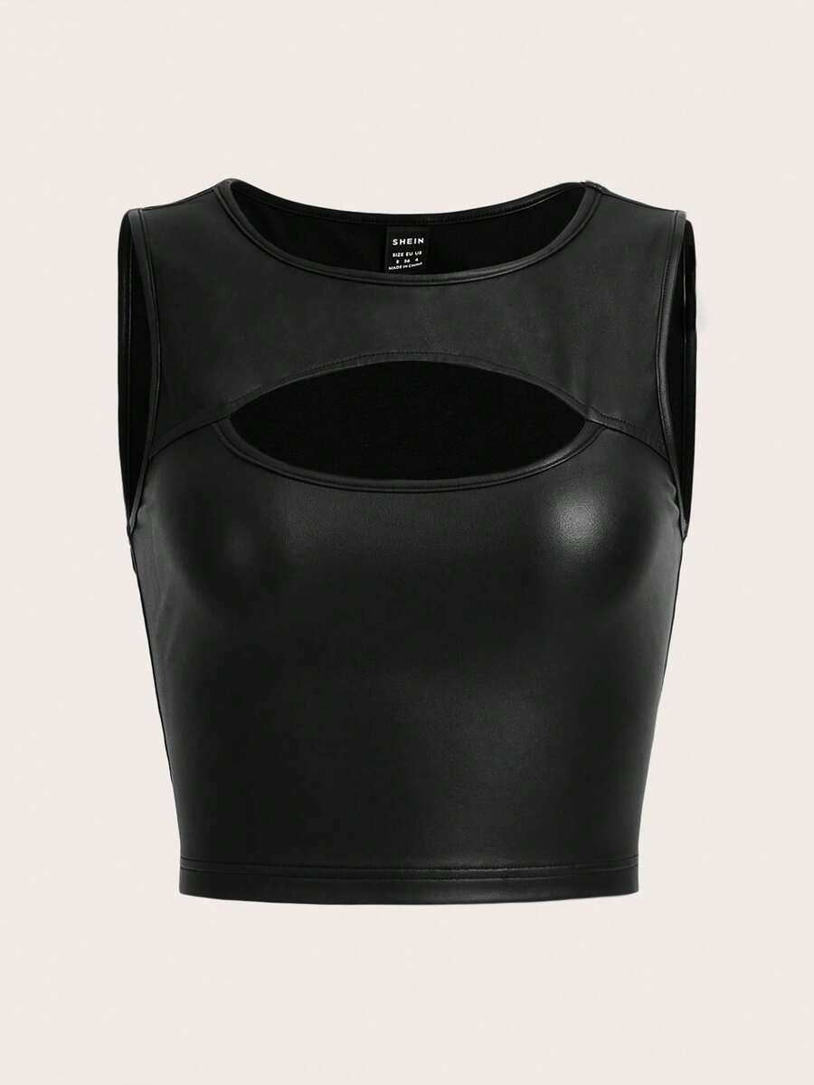 SHEIN ICON Cut Out Front Crop PU Leather Tank Top - Black - View 1