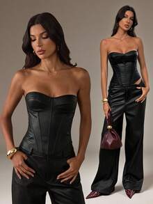 SHEIN Tall Women's Sexy PU Material Fishbone Strapless Top - Black - View 5